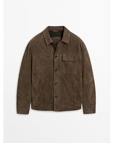 MASSIMO DUTTI Suede Overshirt With Chest Pocket - Brown
