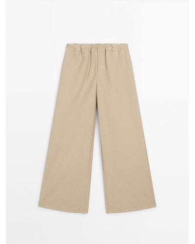 MASSIMO DUTTI Wide-Leg Pants With Elastic Waistband - Natural