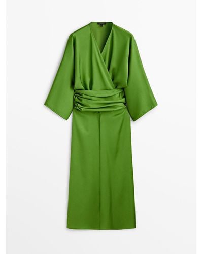 MASSIMO DUTTI Flowing Kimono Dress With Sash Belt Detail - Green