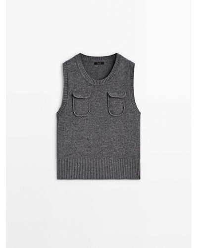 MASSIMO DUTTI Wool Blend Knit Vest With Pockets - Gray