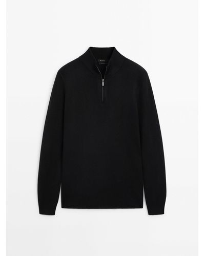 MASSIMO DUTTI Mock Neck Knit Sweater With A Zip - Black