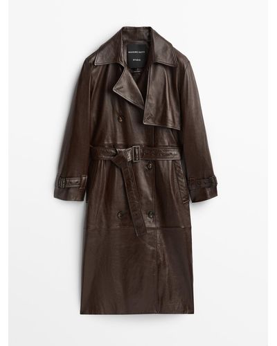 MASSIMO DUTTI Leather Trench Jacket With Lapel Collar -studio - Brown