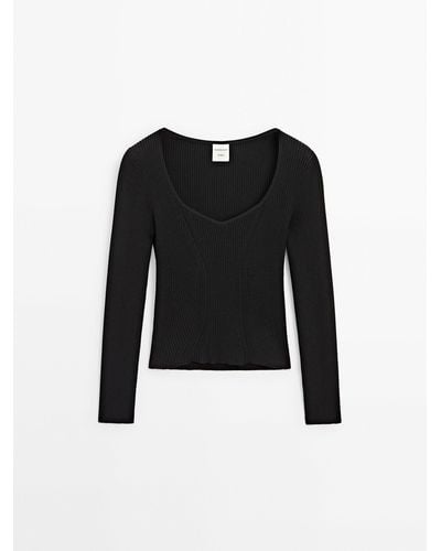 MASSIMO DUTTI Knit Sweetheart Neckline Sweater - Black