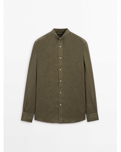 MASSIMO DUTTI Regular-Fit Linen Shirt With A Stand Collar - Green