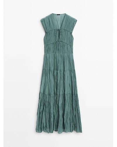 MASSIMO DUTTI Pleated Dress With Tie Details - Green