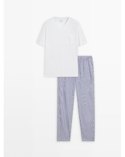 MASSIMO DUTTI Striped Pajama Bottoms And Short Sleeve T-Shirt - White