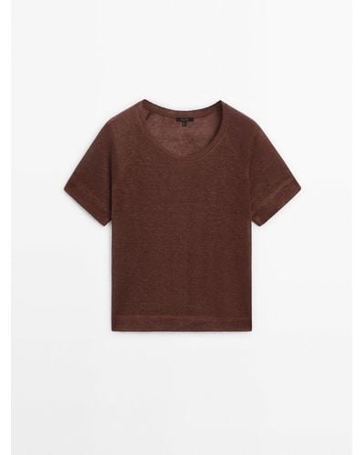 MASSIMO DUTTI Linen T-Shirt With Short Raglan Sleeves - Brown