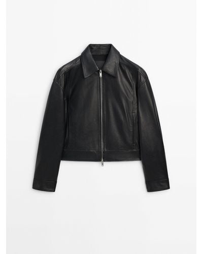 MASSIMO DUTTI Nappa Leather Jacket With A Shirt Collar - Black