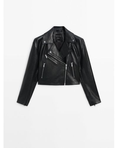 MASSIMO DUTTI Cropped Leather Jacket - Black