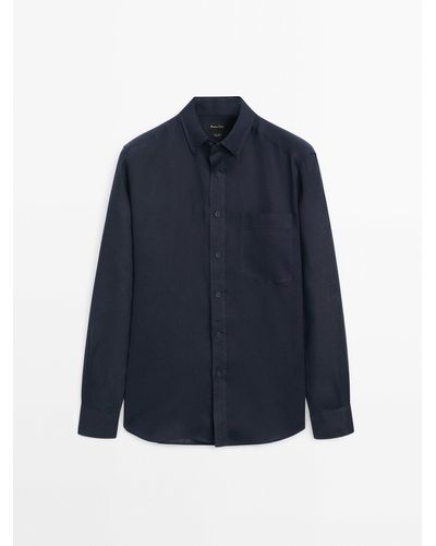 MASSIMO DUTTI 100% Linen Shirt With Pocket - Blue