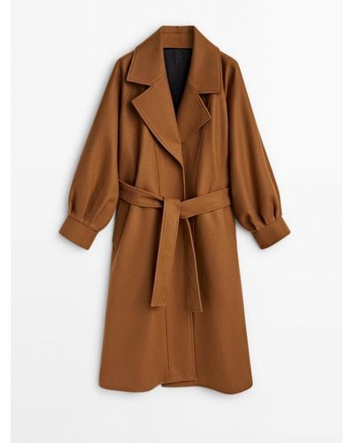 MASSIMO DUTTI Belted Coat With Pleated Detail And Cuffs - Brown