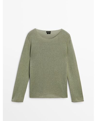 MASSIMO DUTTI Linen Blend Boat Neck Knit Sweater - Green