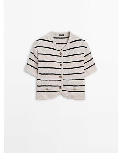MASSIMO DUTTI Striped Short Sleeve Textured Knit Cardigan - White