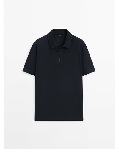 MASSIMO DUTTI Short Sleeve Diagonal Cotton Micro-Twill Polo Shirt - Blue