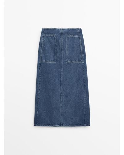 MASSIMO DUTTI Straight-Fit Denim Carpenter Skirt - Blue