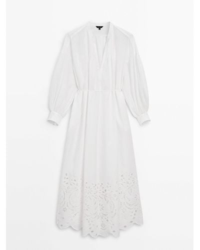 MASSIMO DUTTI 100% Cotton Dress With Embroidered Detail - White
