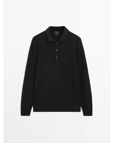 MASSIMO DUTTI Textured Knit Polo Collar Sweater - Black