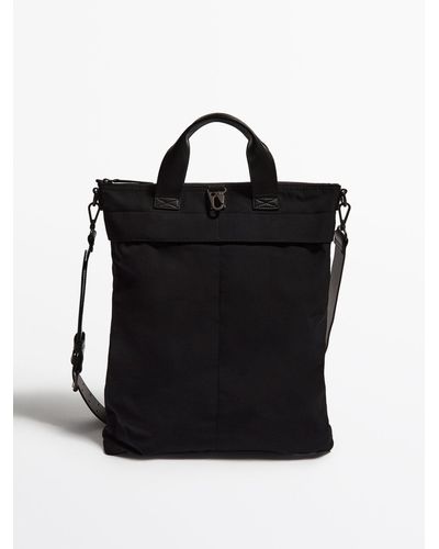 MASSIMO DUTTI Contrast Nylon Tote Bag With Leather Details - Black