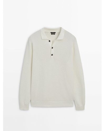 MASSIMO DUTTI Textured Knit Polo Collar Sweater - White