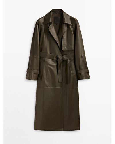 MASSIMO DUTTI Nappa Leather Trench-Style Coat With Belt - Green
