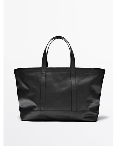 MASSIMO DUTTI Nappa Leather Weekender Bag - Black
