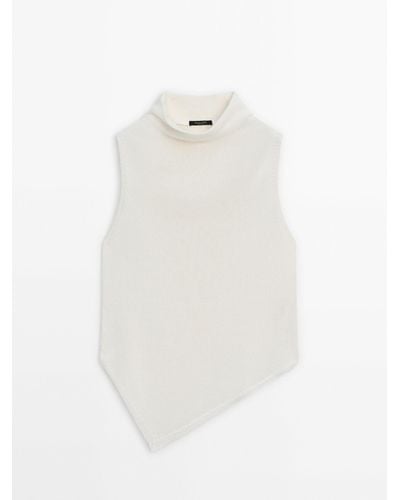 MASSIMO DUTTI Knit Turtleneck Top With V Detail - White