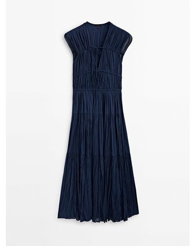 MASSIMO DUTTI Pleated Dress With Tie Details - Blue