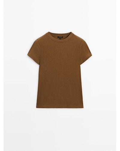 MASSIMO DUTTI Fitted Ribbed Crew Neck T-Shirt - Brown