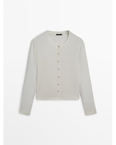 MASSIMO DUTTI Plain Knit Button-Up Cardigan - White