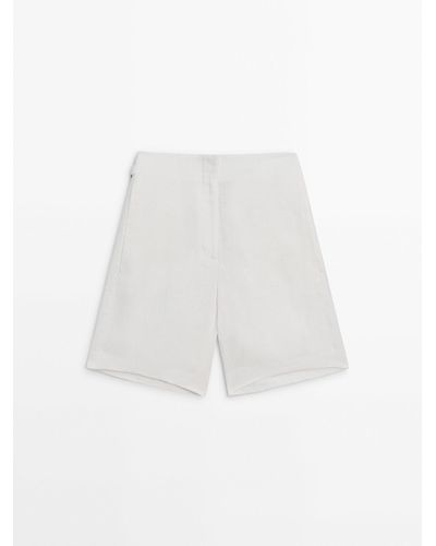 MASSIMO DUTTI 100% Linen Bermuda Shorts With Buckles - White