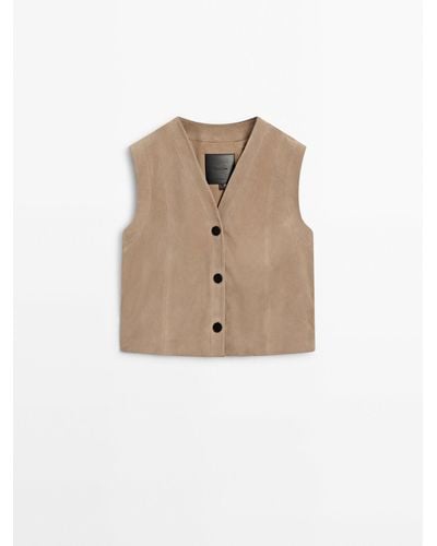 MASSIMO DUTTI Suede Leather Waistcoat With Buttons - Natural