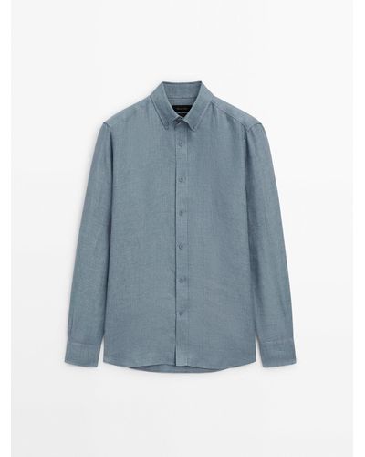 MASSIMO DUTTI 100% Linen Regular Fit Shirt - Blue