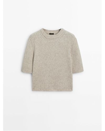 MASSIMO DUTTI Short Sleeve Ribbed Knit Sweater - White
