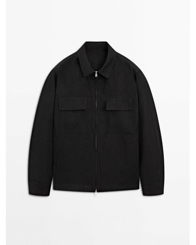 MASSIMO DUTTI Linen Zip-Up Overshirt With Pockets - Black