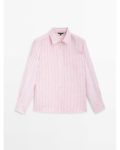 MASSIMO DUTTI 100% Linen Striped Shirt - Pink