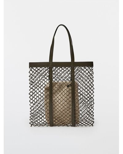 MASSIMO DUTTI Braided Leather Tote Bag + Linen Pouch Bag - Green