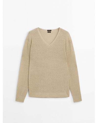MASSIMO DUTTI 100% Linen V-Neck Sweater - Natural