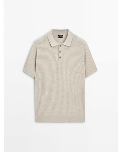 MASSIMO DUTTI Short Sleeve Textured Knit Polo Sweater - White