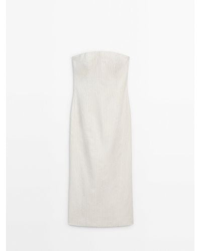 MASSIMO DUTTI Strapless Pinstripe Dress - White