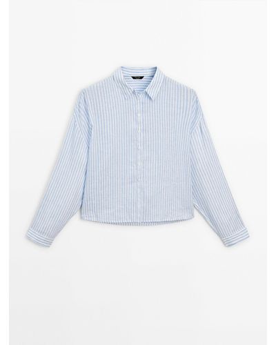 MASSIMO DUTTI 100% Linen Cropped Striped Shirt - Blue