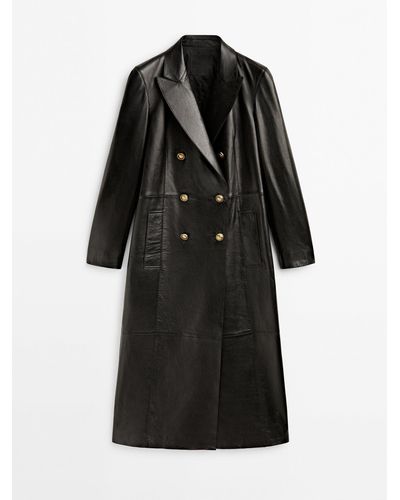 MASSIMO DUTTI Nappa Trench Coat With Gold-toned Buttons - Black