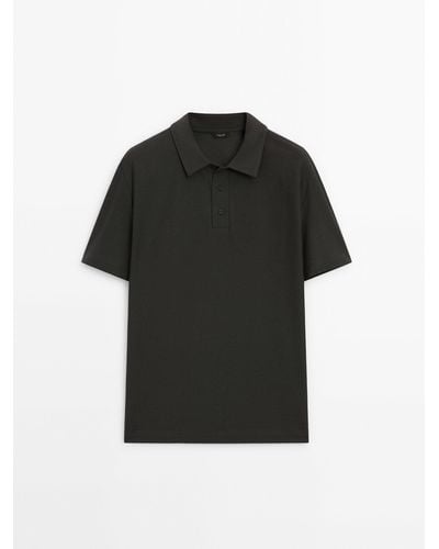 MASSIMO DUTTI Short Sleeve Diagonal Cotton Micro-Twill Polo Shirt - Black
