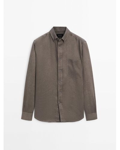 MASSIMO DUTTI 100% Linen Shirt With Pocket - Brown