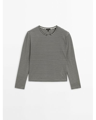 MASSIMO DUTTI Striped Long Sleeve Cotton T-Shirt - Gray