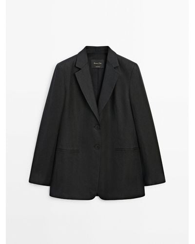MASSIMO DUTTI 100% Linen Buttoned Blazer - Black