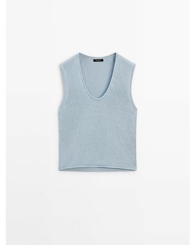 MASSIMO DUTTI Knit Top With Neckline Detail - Blue