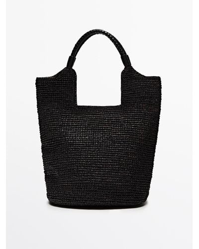 MASSIMO DUTTI Raffia Tote Bag With Leather Strap - Black