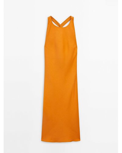MASSIMO DUTTI Linen Blend Midi Dress With Twisted Back Detail - Orange
