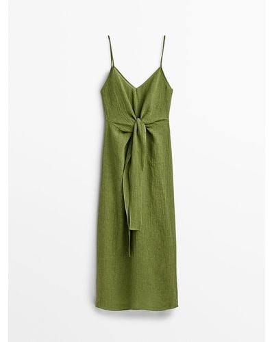 MASSIMO DUTTI Linen Dress With Front Bow - Green