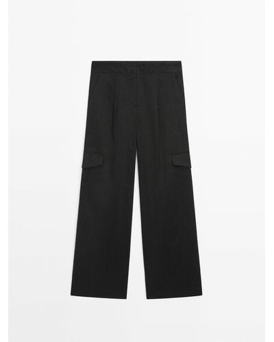 MASSIMO DUTTI Linen Blend Cargo Pants - Black